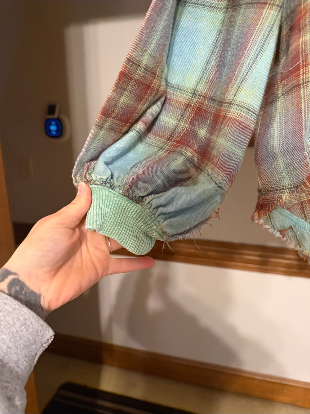 We The Free Mint Green Pullover with Plaid Sleeve Panels - Picture 3 of 6
